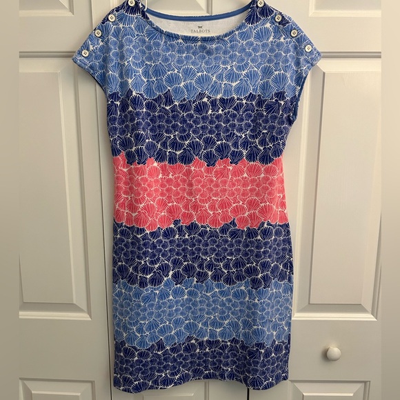 Talbots shift dress. Seashell pattern in pinks and blues. Cap sleeves. Size M. - Picture 2 of 5